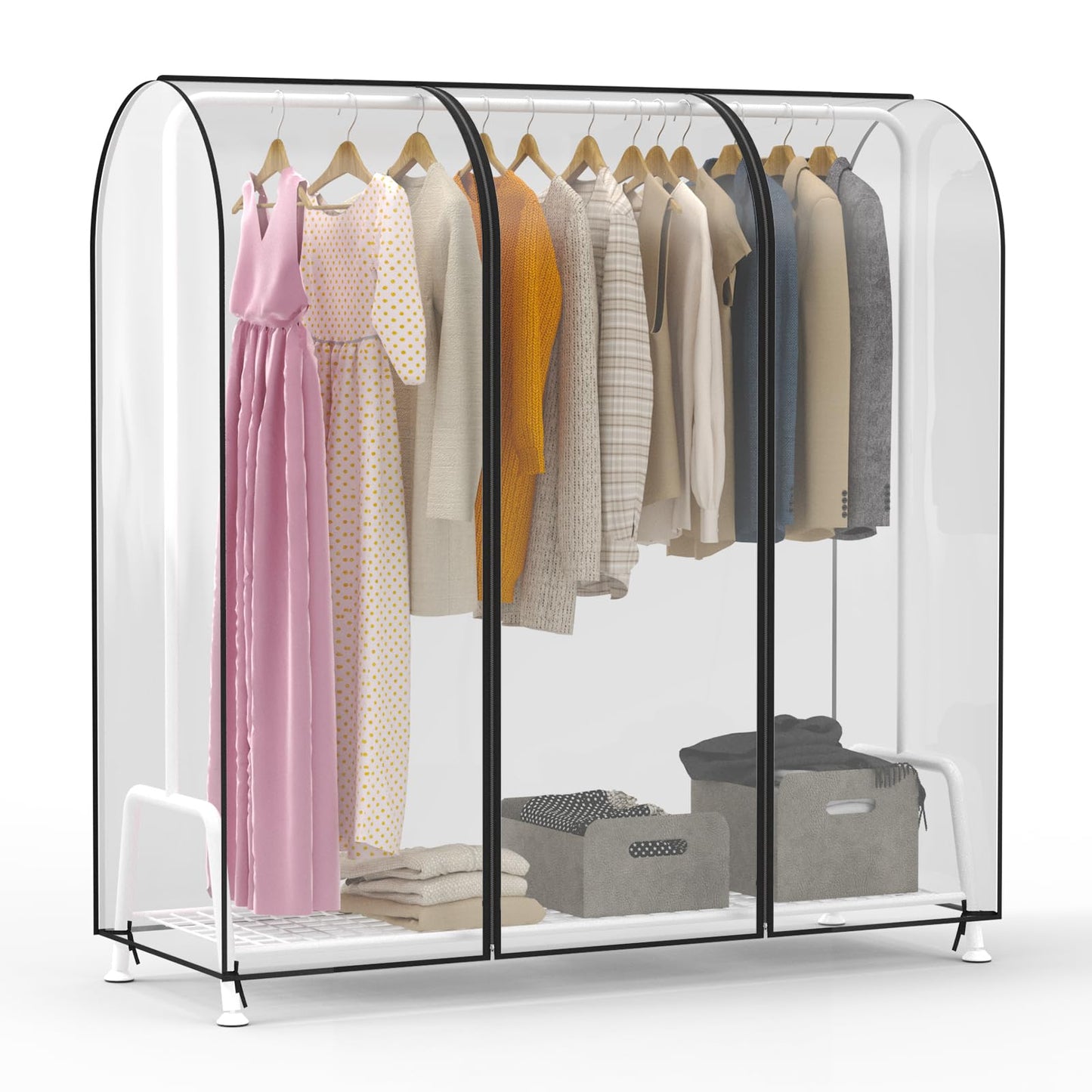 Zilink 60'' Clear Garment Rack Cover Dustproof Clothes Rack Cover Clear Garment Bags Fur Coat Storage Bag Waterproof Wardrobe Cover with 2 Durable Zippers for Garment Rack