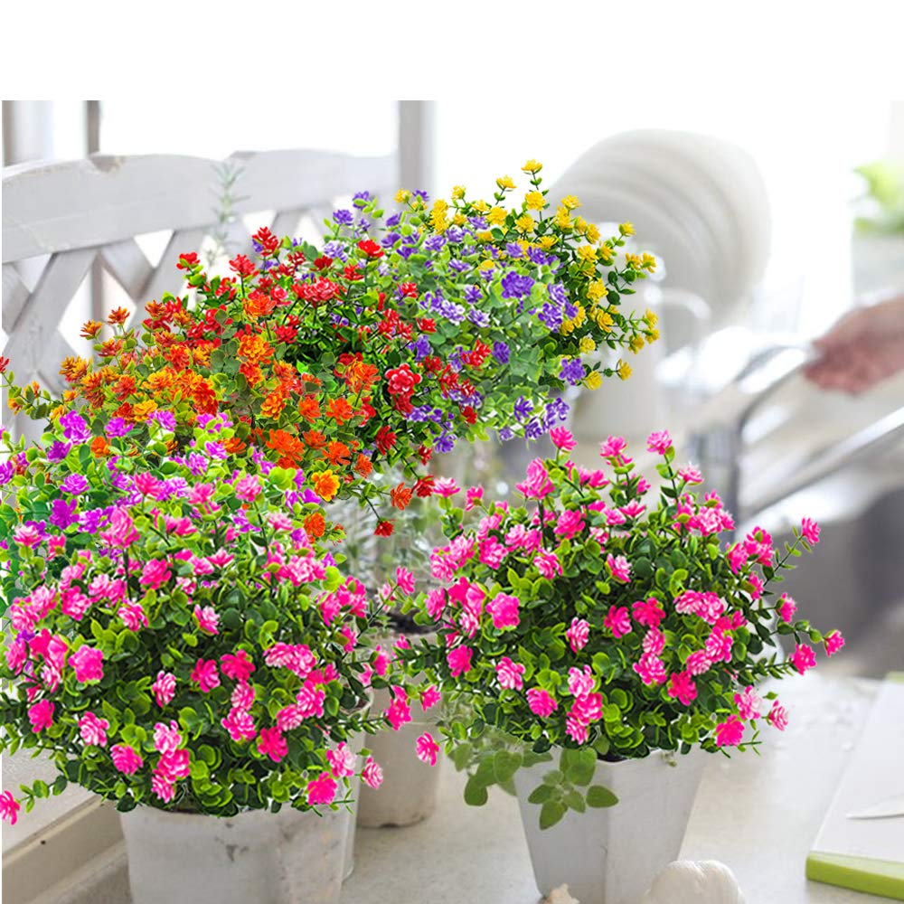 Grunyia 10 Bundles Artificial Fake Flowers, Faux Outdoor Plastic Plants UV Resistant Shrubs Outside Indoor Decorations (Pink-Eucalyptus)