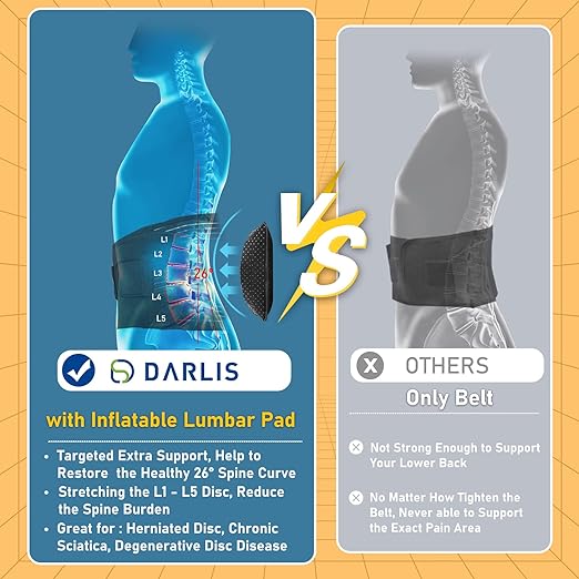 DARLIS Back Support Belt with Inflatable Lumbar Pad - Extra Support for Lower Back Pain Relief, Herniated Disc, Sciatica, Scoliosis, Adjustable Support Straps - Back Brace for Men Women S/M 32"- 39"