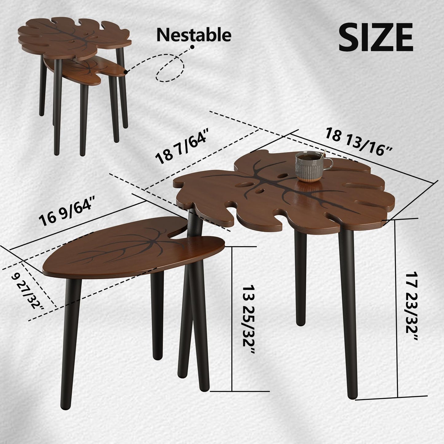 BAMEOS Monstera Leaf Nesting Tables Set of 2, Small Coffee Table Set with Leaf Vein Pattern, Modern Wooden Side Tables for Living Room Bedroom Apartment Balcony Yard