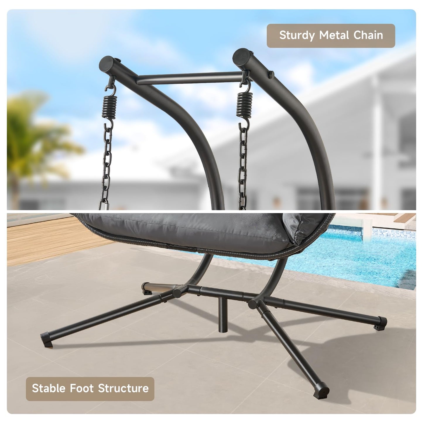 ONBRILL Double Egg Chair with Stand, Indoor Outdoor 2 Person Hammock Swing Chair with Cushions & Headrest, 650LBS Capacity Hanging Loveseat for Patio, Bedroom, Garden, Balcony (Black-Dark Gray)