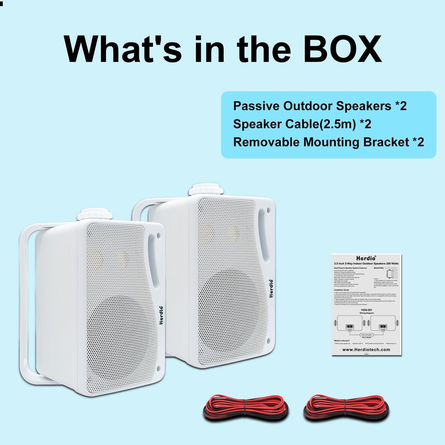 Herdio 3.5 Inch Passive Outdoor Speakers Wired Waterproof, 200W 3 Way Premium Mountable Wall Mount Speakers with Superior Sound, All-Weather Durability, for Patio Marine Boat Garage Indoor(White Pair)