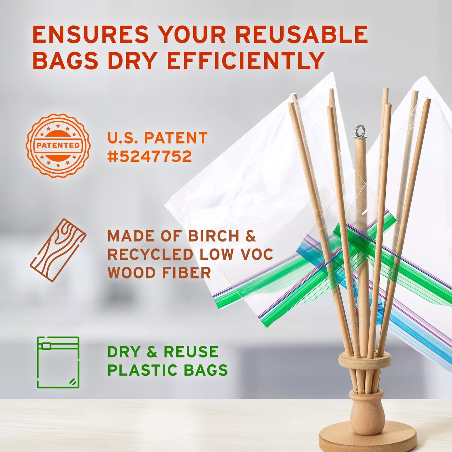 FloWorks Design Plastic Bag and Bottle Dryer - Patented; Multi-Purpose Drying Rack Saves Money and the Planet. Folds for Easy Storage