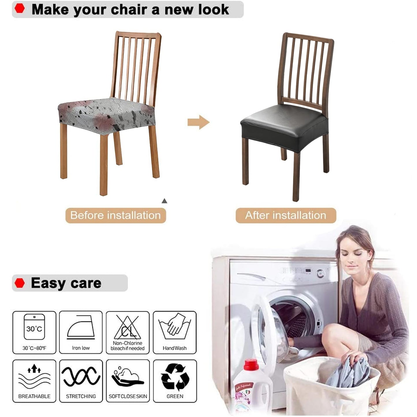 NILUOH Waterproof Seat Covers for Dining Room Chairs Set of 4, Pu Leather Chair Seat Slipcovers Dining Chair Cover Removable Washable Chair Protctor Cover, Rear Covers (PU-Black)