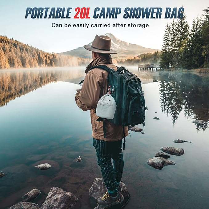 Portable Camping Shower Bag, 20L/5.4 Gallons Solar Shower Bag with Pressure Foot Pump and Shower Nozzle for Beach Camping Swim Travel Hiking Trip