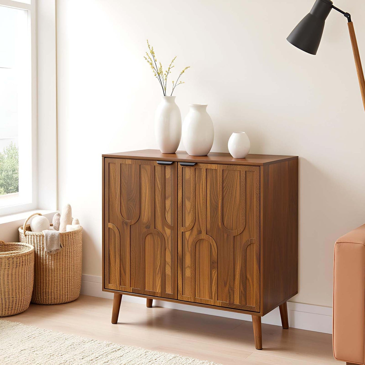 YMW Sideboard Buffet Cabinet, Mid Century Modern Storage Cabinet with Paper Clip Design Doors and Adjustable Shelves, Boho Style Wooden Buffet Cabinets for Hallway, Entry, Living Room, Walnut