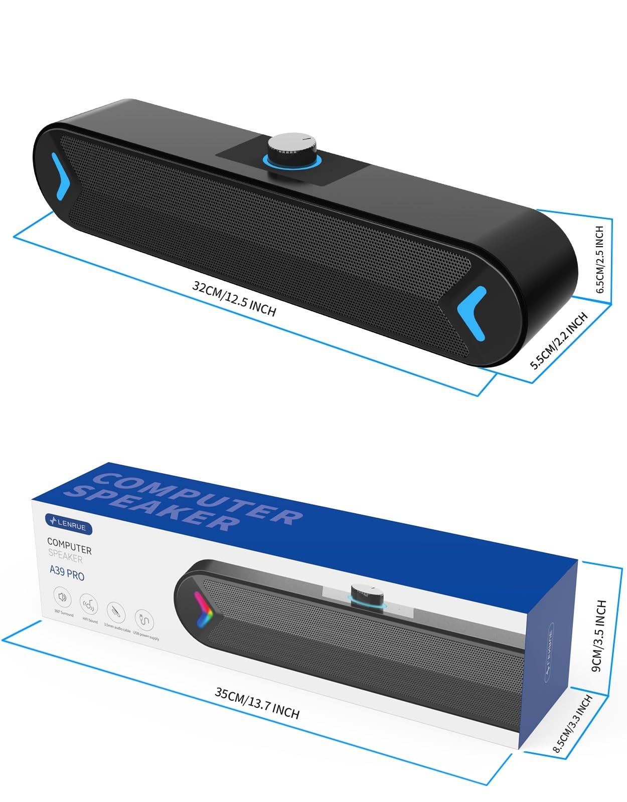 LENRUE Computer Speakers,Wired USB-Powered Sound-bar with 10W Stereo Sound for PC Desktop,Plug-n-Play (A39PRO /Black)
