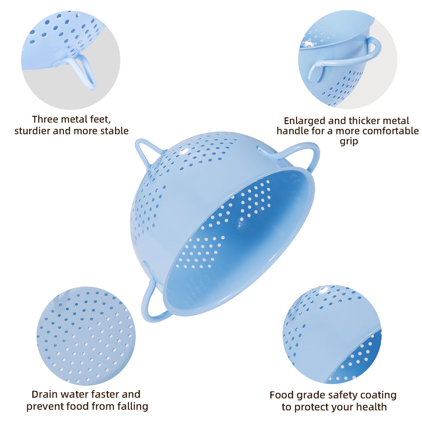Metal Colander 5 Quart Powder Coated Self-draining Metal Strainer with Base,Kitchen Pasta Fruit Vegetable Basket with Double Handles,blue