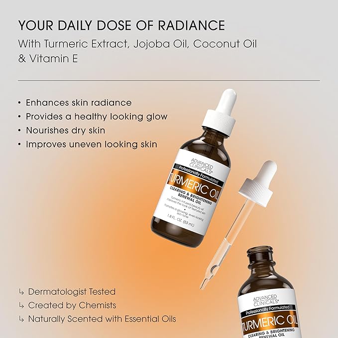 Advanced Clinicals Turmeric Oil Serum For Face | Facial Skin Care Serum With Jojoba + Coconut Oil To Improve Appearance Of Dark Spots & Uneven Skin Tone | Antioxidant Dry Skin Moisturizer, 1.8 Fl Oz
