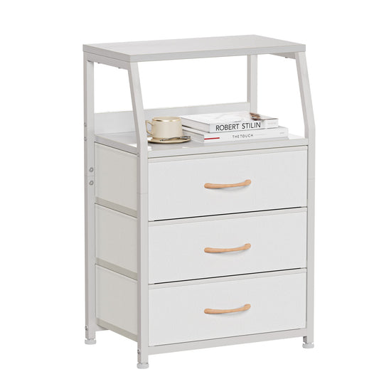 Furnulem White Nightstand with 3 Drawers and 2-Tier Shelf, Small Night Stand End Table Side Furniture, Fabric Storage Organizer for Bedroom, Closet, Hallway, Nursery, Sturdy Steel Frame, Wood Top