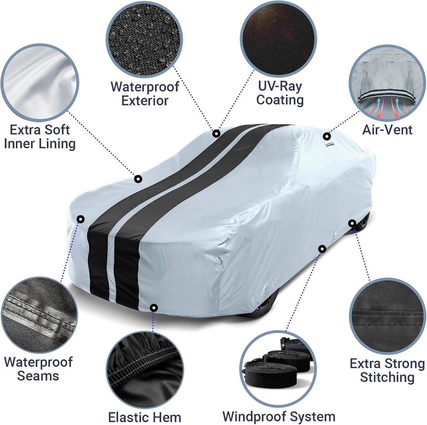 iCarCover Custom Car Cover for Buick Century 2-Door, 4-Door (1936-1958) Waterproof All-Weather Rain Snow UV Sun Protector Full Exterior Indoor Outdoor Car Cover (Stripe - Gray/Black)