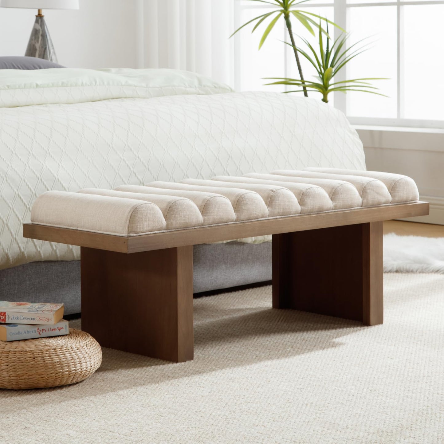 Ya-Home Modern Upholstered Entryway Bench, 47” Linen Fabric Bedroom End of Bed Bench with Cylindrical Cushion/Solid Wooden Base, Window Padded Benches for Living Room/Foyer/Hallway, Natural Leg