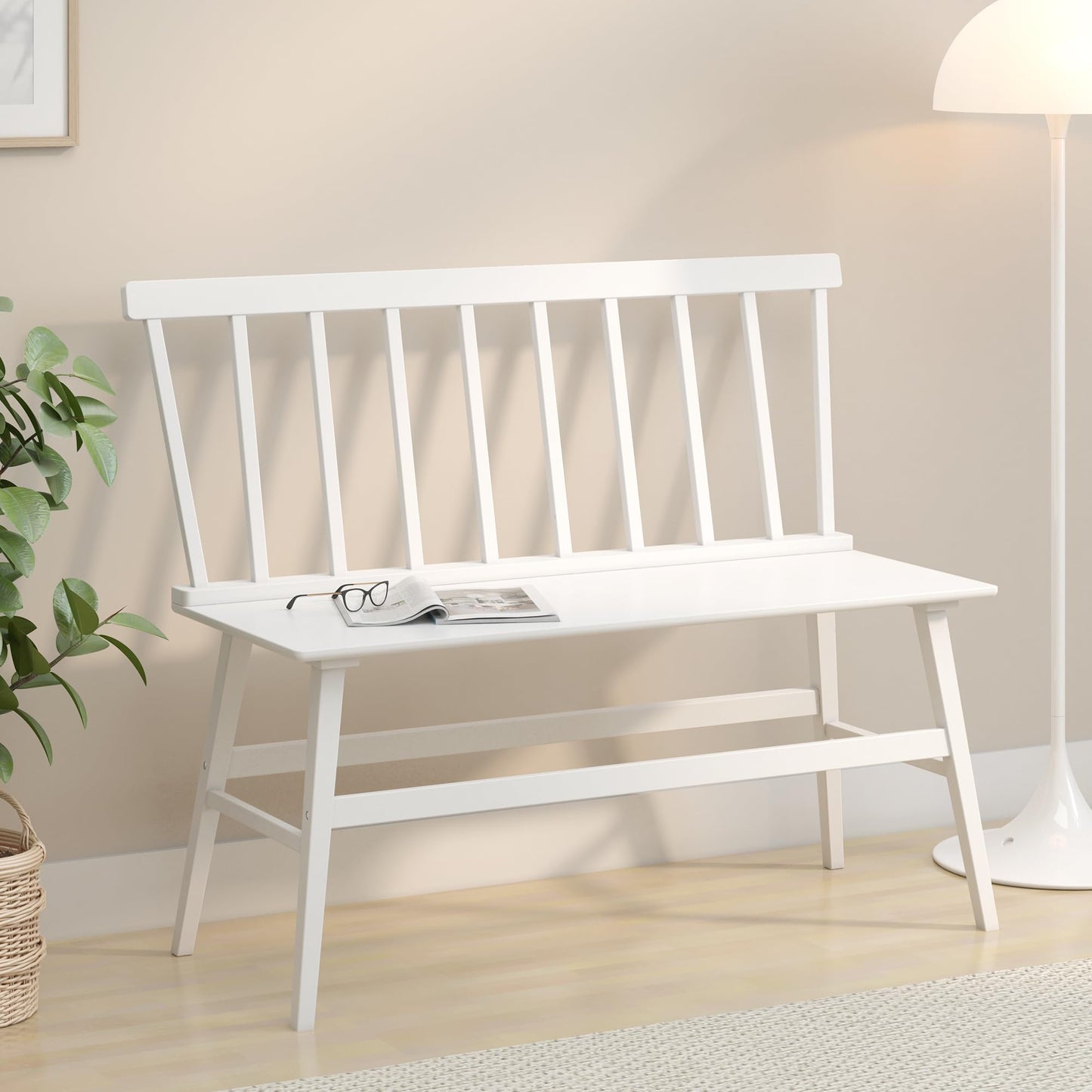 Wisuce Essentials Bamboo Dining Bench, Black Entryway Bench with Spindle Back Farmhouse Wood Windsor for Foyer Balcony Living Room (White)