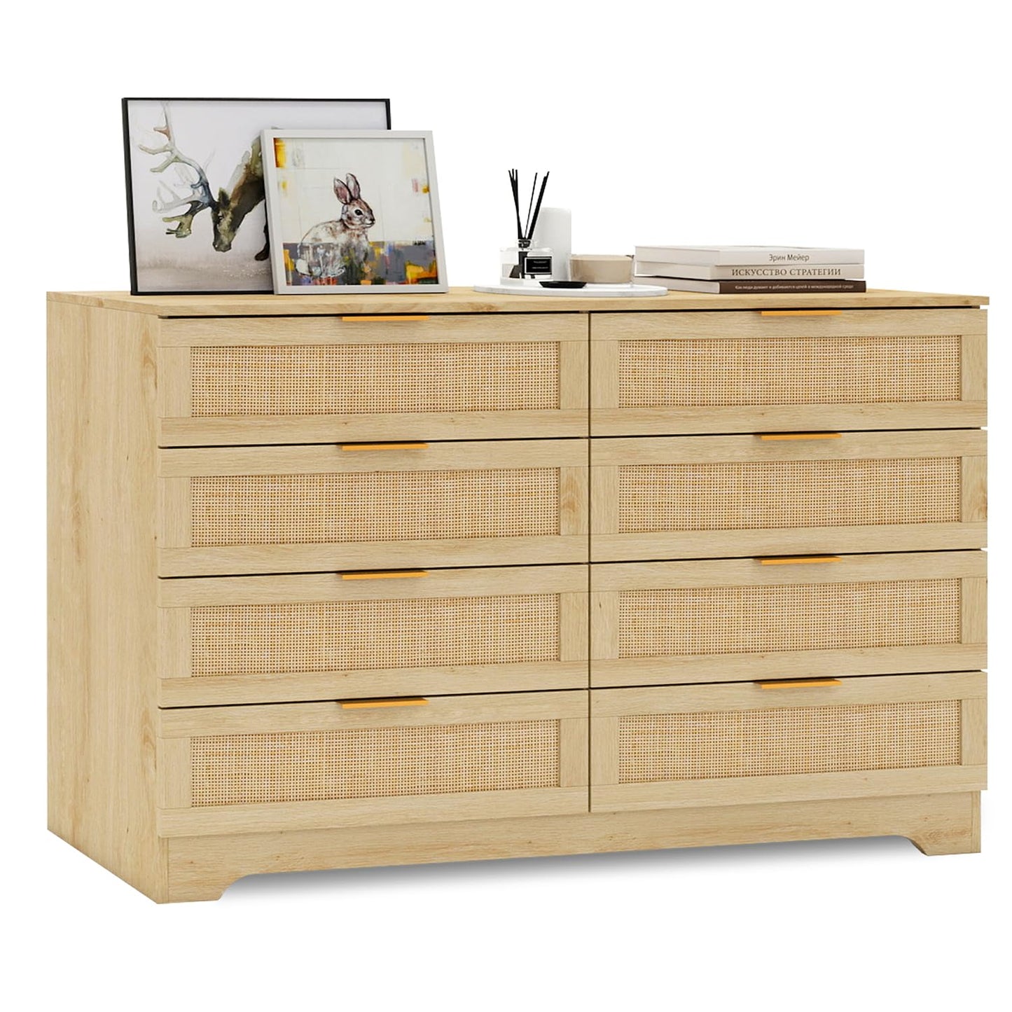 HOPUBUY 8 Drawer Dresser for Bedroom, Rattan Modern Closet Dressers Chest of Drawers, Boho Wood Double Wicker Dresser Storage Closet for Bedroom, Living Room, Entryway (Natural)