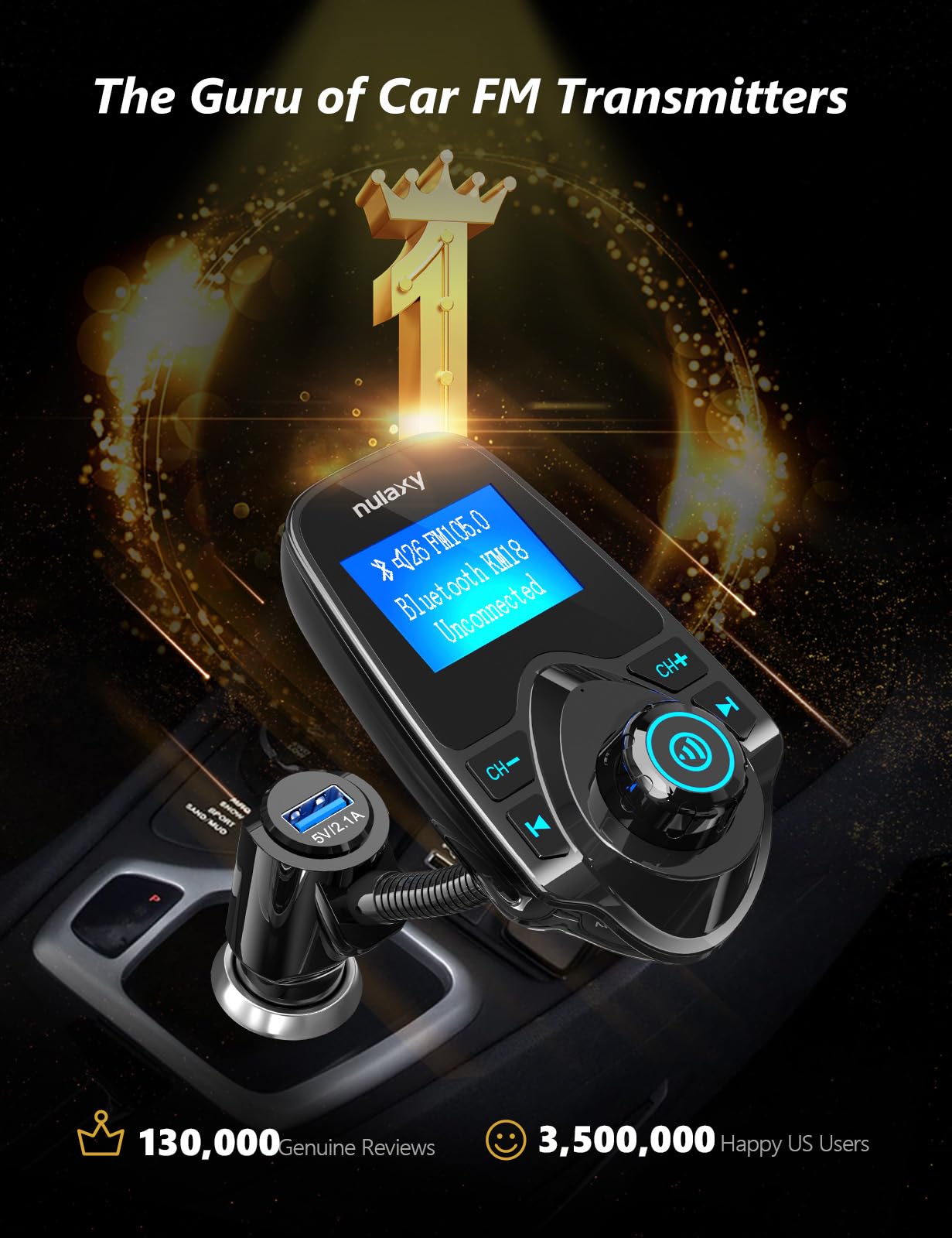 Nulaxy Car Bluetooth FM Transmitter [2024 Upgraded], 1.44" Display Flexible Gooseneck, Handsfree Call Wireless Music Stereo Audio Player Radio Adapter Car Kit USB Phone Charger, TF SD Card AUX-KM18
