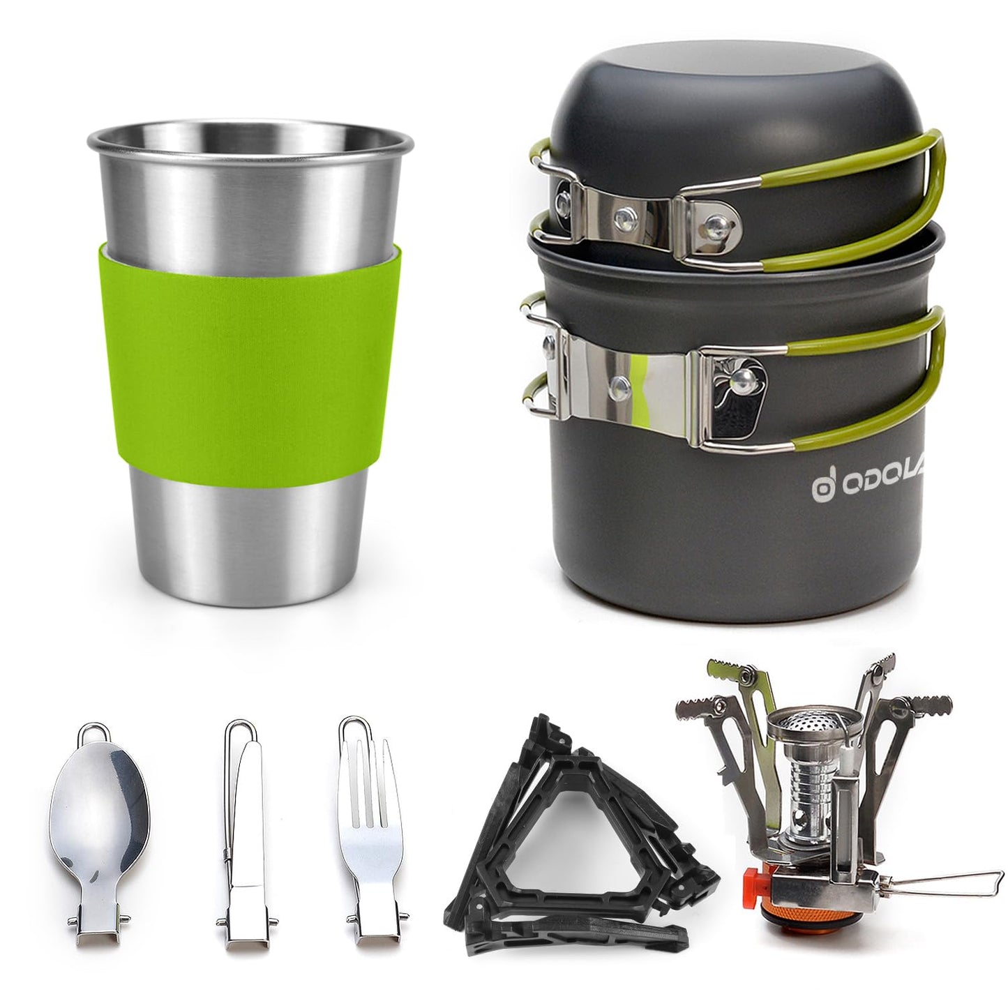 Odoland Camping Cookware Stove Carabiner Canister Stand Tripod and Stainless Steel Cup, Tank Bracket, Fork Spoon Kit for Backpacking, Outdoor Camping Hiking and Picnic