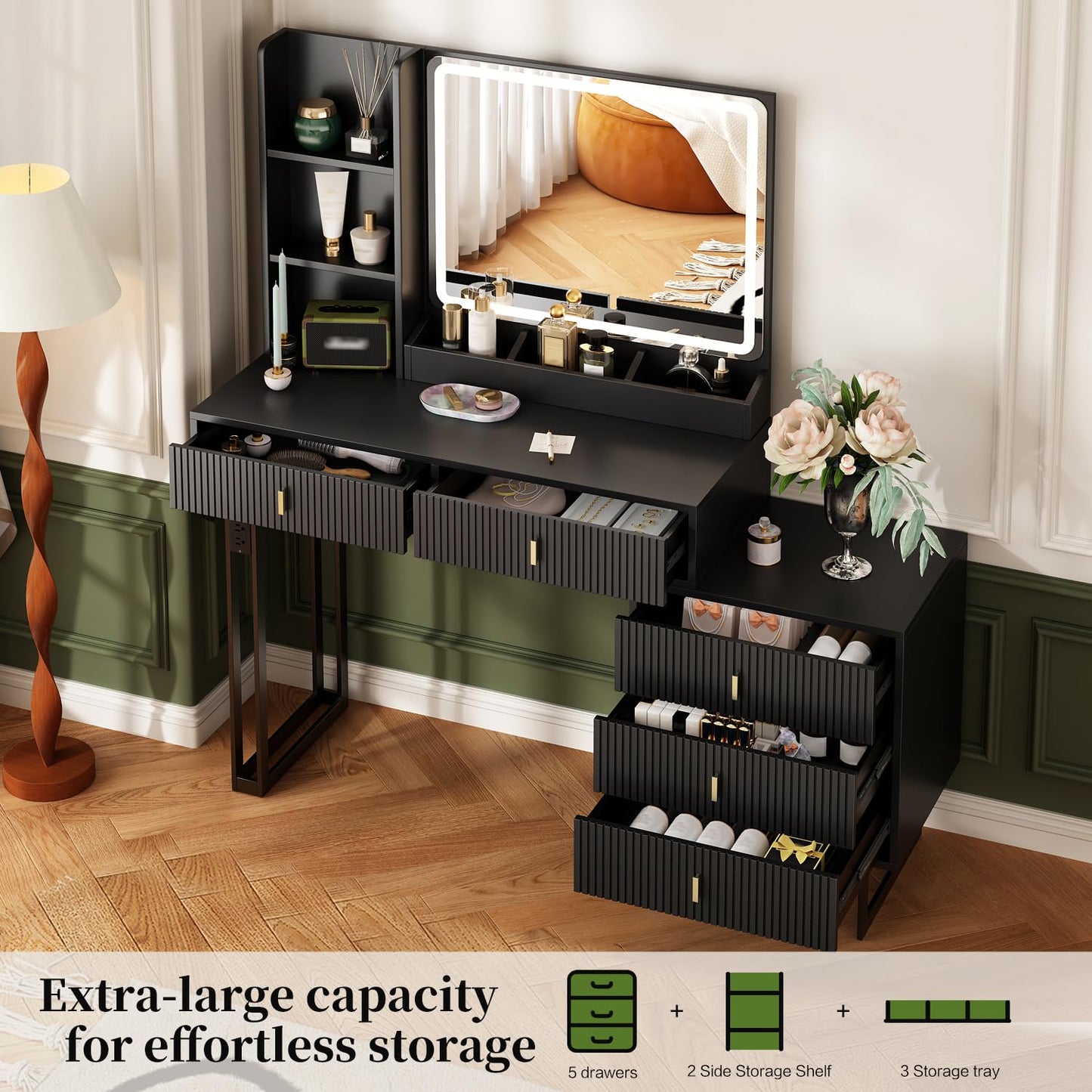 Large Vanity Desk with 3 Color Touch Screen Dimming Mirror, Vanity Desk with Charging Station, Modern Retractable Makeup Dressing Table, Makeup Table With storage shelves and 5 Sliding Drawers, Black
