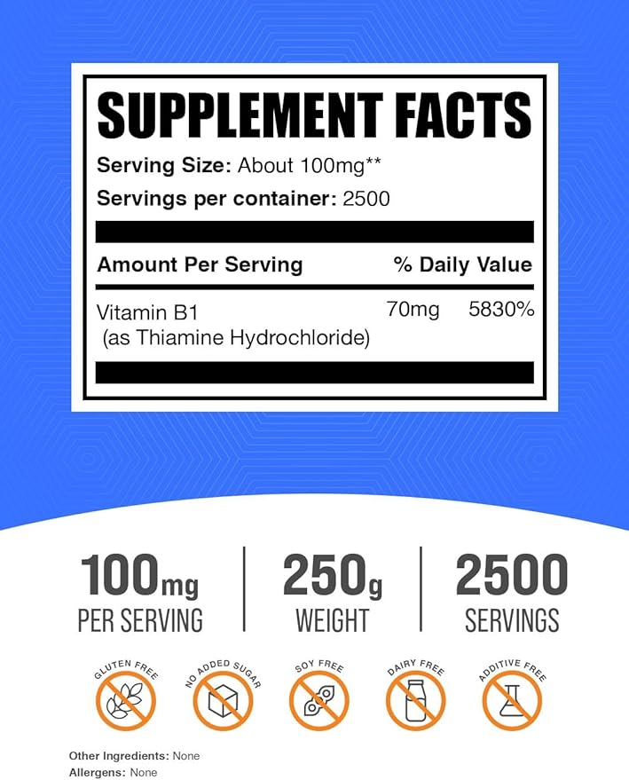 BulkSupplements Thiamine HCl Powder - Thiamine Hydrochloride, B1 Vitamins, Thiamine B1 Supplement, Thiamine 100mg - Gluten Free, 100mg per Serving, 250g (8.8 oz) (Pack of 1)