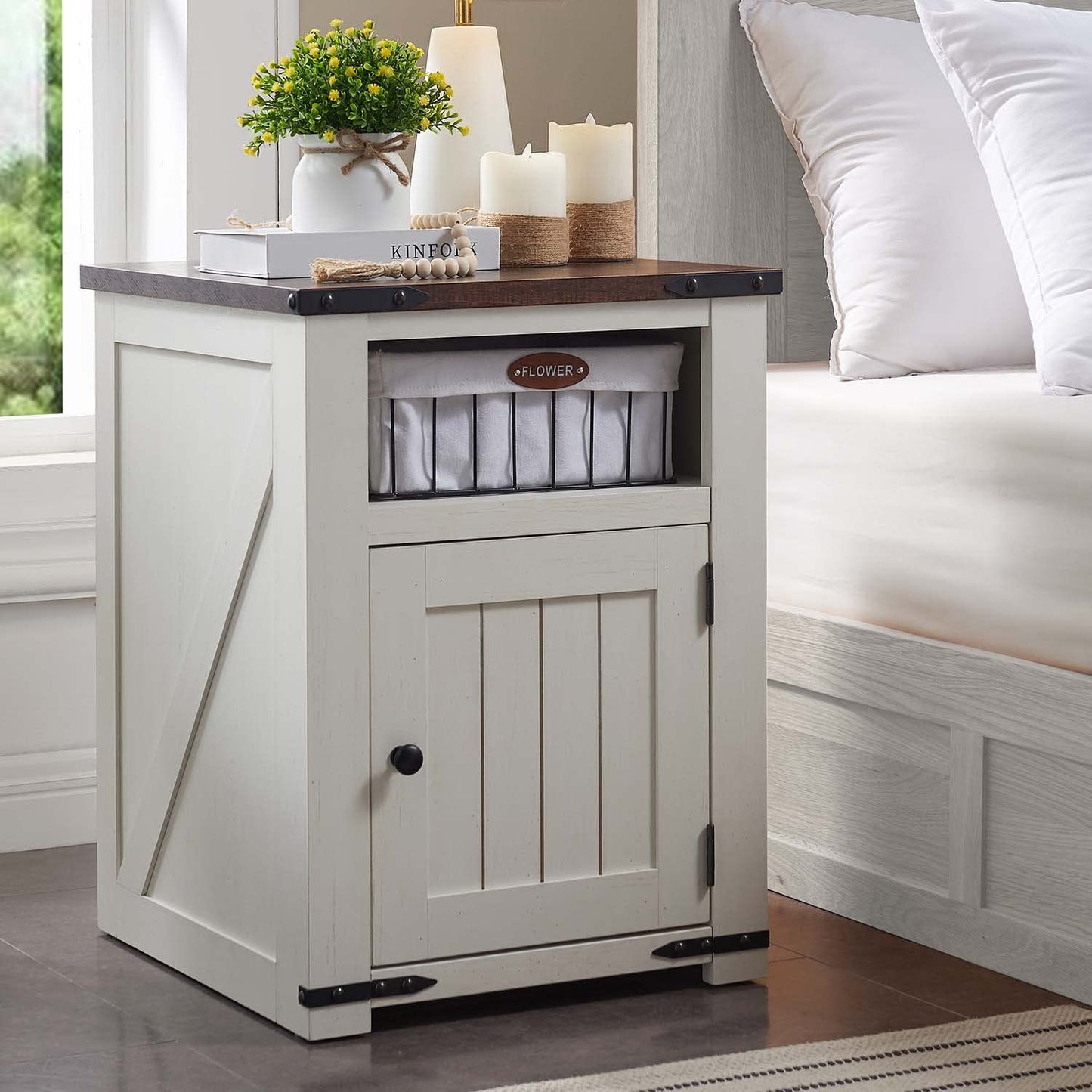 IFGET Farmhouse Nightstand with Charging Station, 20" Rustic End Table w/Barn Door, Wood Sofa Side Bedside Table w/Open Shlef & Stroage Cabinet for Bedroom (White)