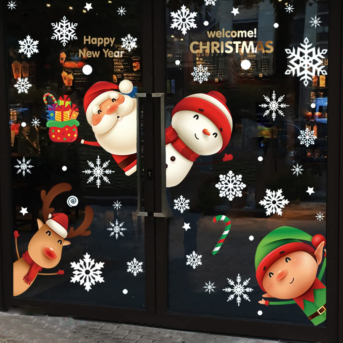 XIMISHOP 82PCS Christmas Snowflake Window Clings Stickers for Glass, Xmas Decals Christmas Decorations Indoor Holiday Snowflake Santa Claus Reindeer Decals for Party