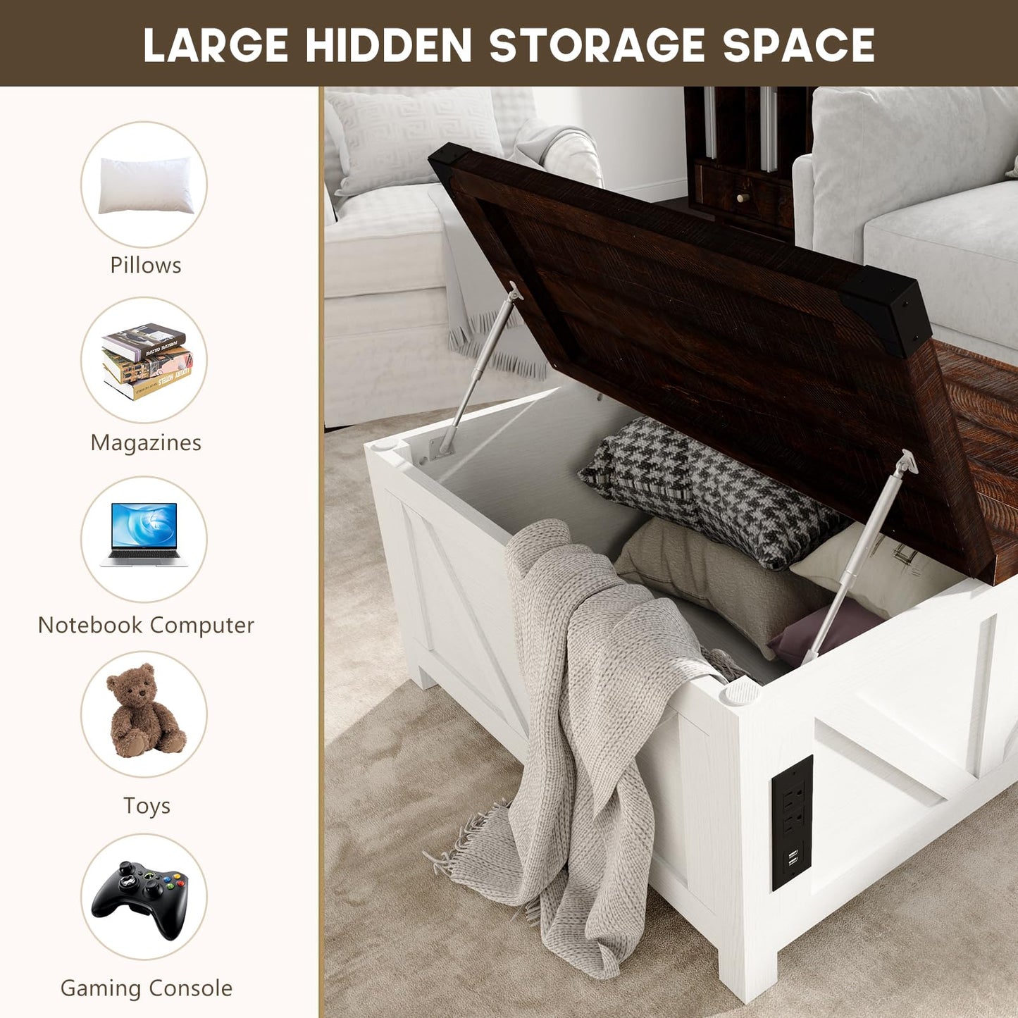 jimeimen Farmhouse Lift Top Coffee Table with Storage, Wood Square Center Table with Charging Station&USB Port, Living Room Table w/Large Hidden Space, for Living Room, Bedroom, Home Office, White