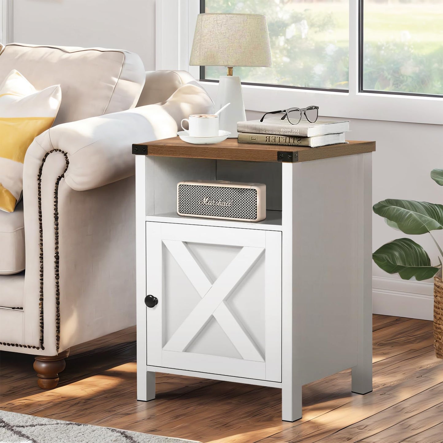 Catrimown Farmhouse End Table, Nightstand Set of 2, Rustic Night Stand with Barn Door and Storage Shelf, White End Table, Side Table for Bedroom Living Room, White