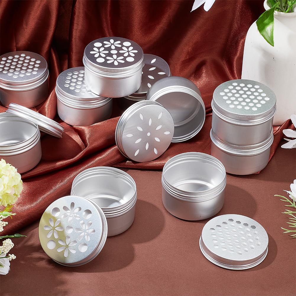 PH PandaHall 12pcs Aluminium Tins, 3 Style 4 Ounce Round Empty Metal Tins with Hollow Lids Refillable Spice Containers for Aromatherapy Air Freshener Candles Travel Storage, 2.7x1.6inch