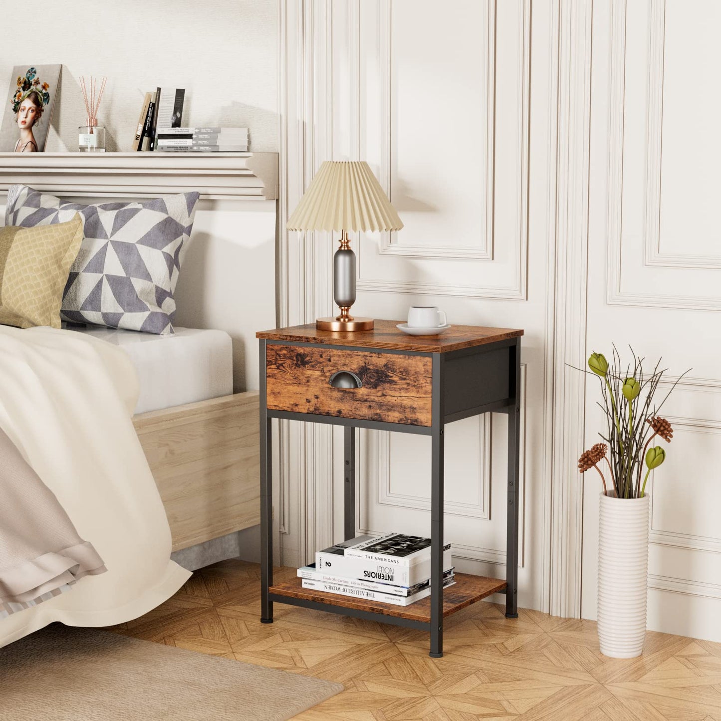 Furologee End Table with Storage Shelf and Fabric Drawer, 2 Tiers Industrial Nightstand, Bedside Table Organizer for Living Room Bedroom, Rustic Brown, Easy Assembly