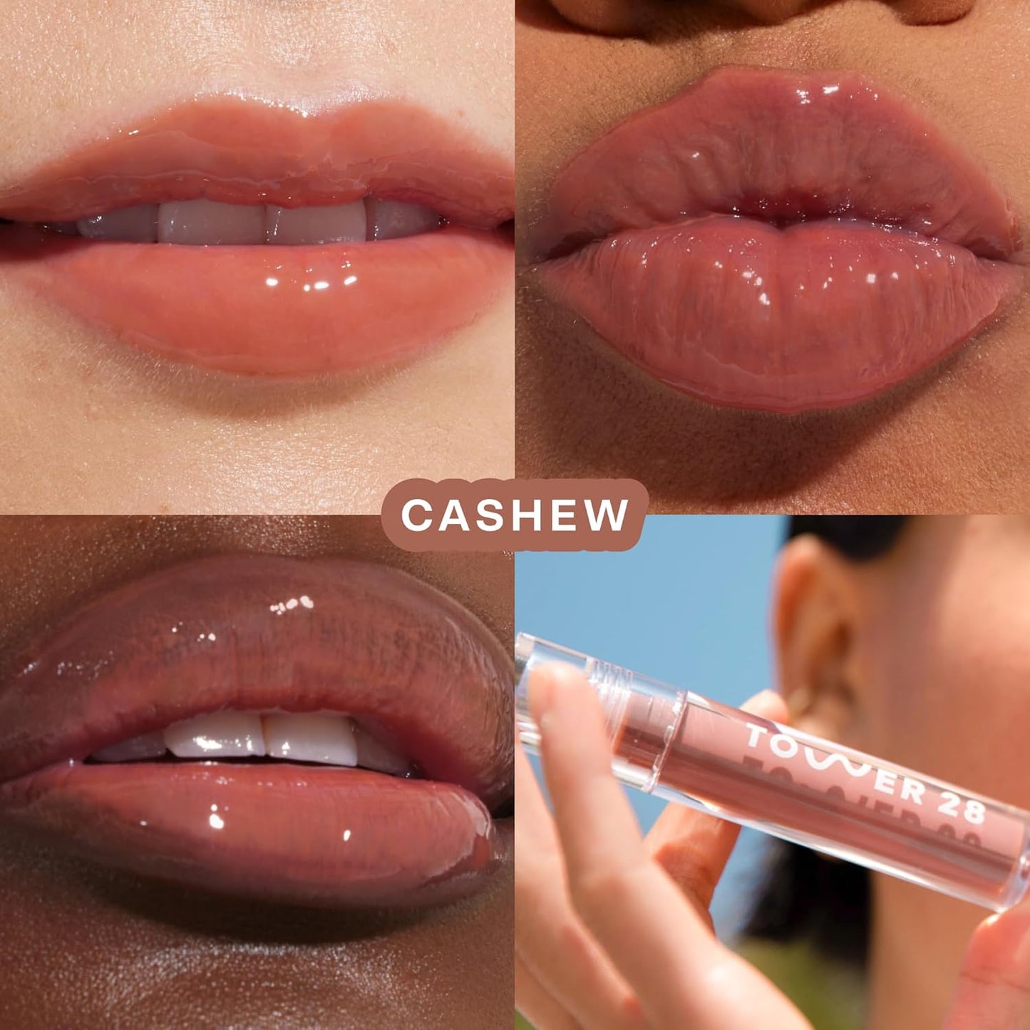 Tower 28 ShineOn Milky Lip Jelly, CASHEW, Non-Sticky, Hydrating Vegan Lip Gloss in Milky Rosy Brown, Apricot and Raspberry Seed Oil, Moisturizing, Clean, Cruelty Free