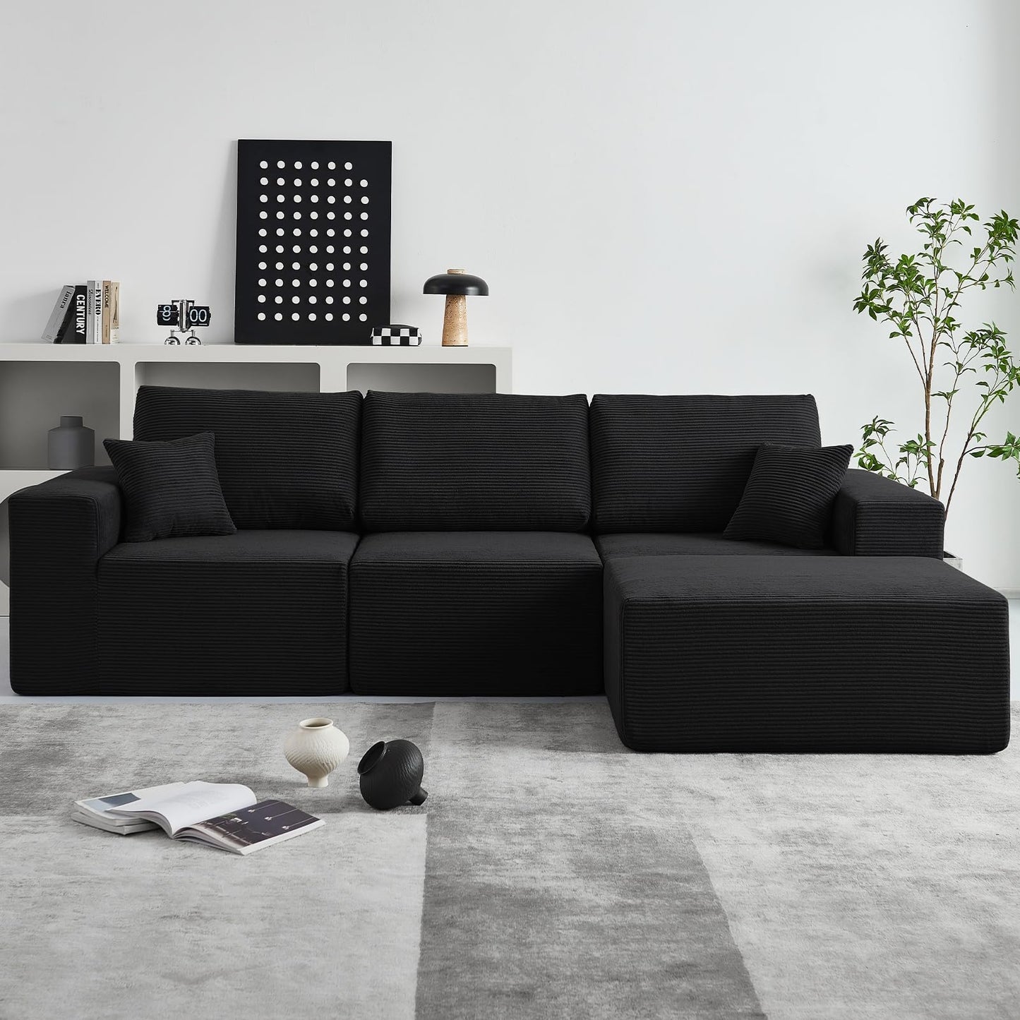 INGEROOM 108" Cloud Sectional Couch, Modular Sectional Sofa with L-Shaped Chaise, Modern Plush Corduroy Couch for Living Room Bedroom（Black）