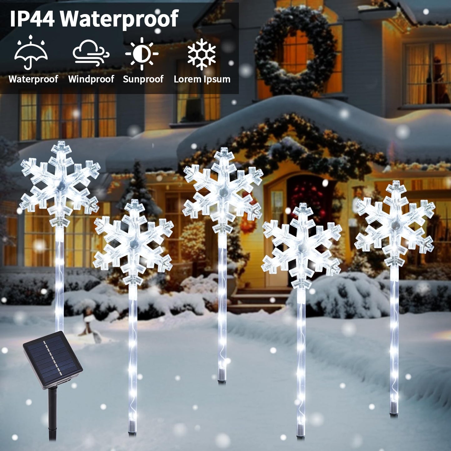 Solar Christmas Snowflake Pathway Lights, Set of 5 Outdoor Garden Lights Decorations，Waterproof Stake Decorative Light for Yard Lawn Porch Walkway Decor (Cool White, 5 Pack)