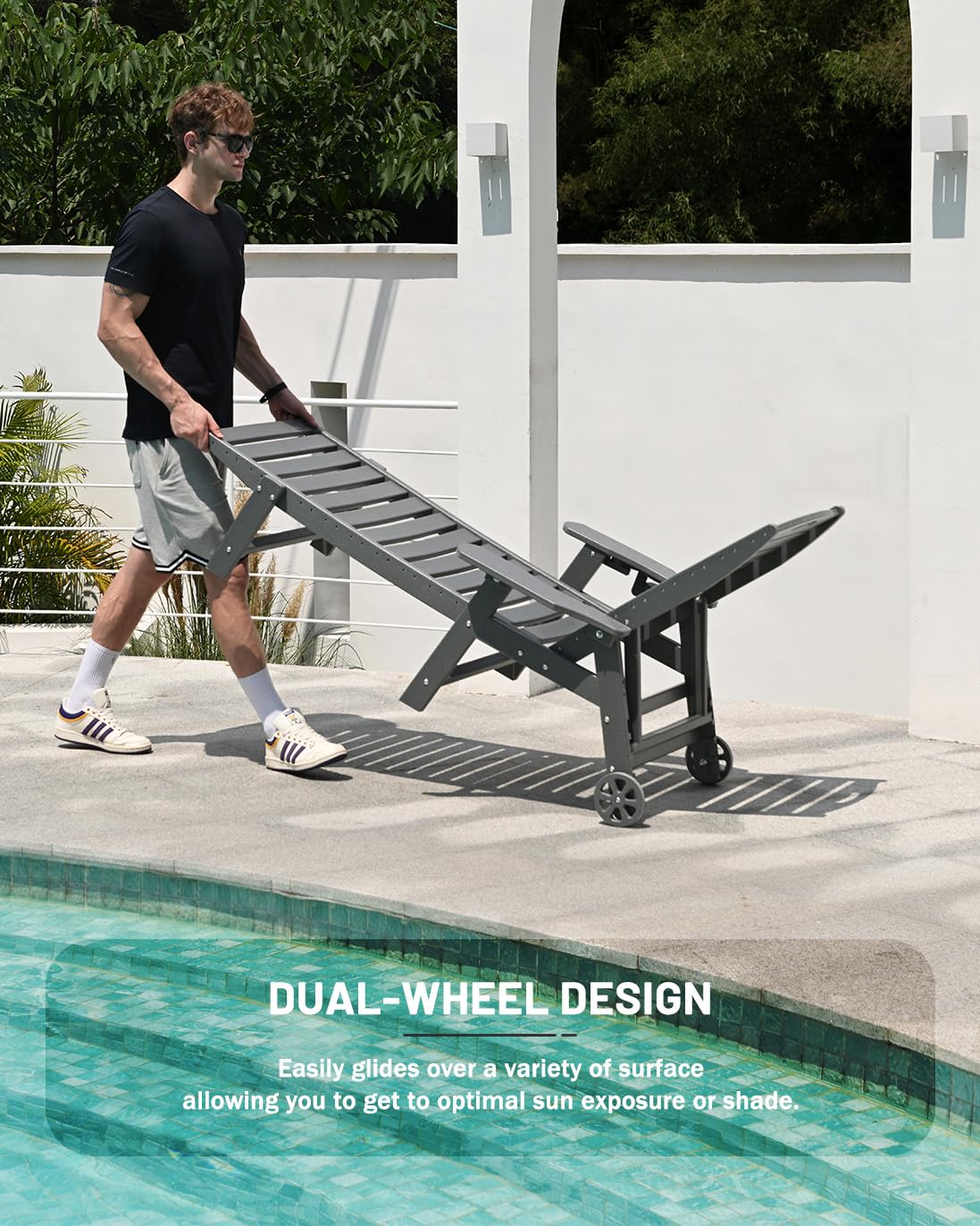 SUUNYN Lounge Chair Outdoor, Chaise Lounge Chair Outdoor, HDPE 6-Position Lounge Chair for Outside, Patio Lounge Chair with Wheels & Cup Holder for Pool Poolside Deck Backyard, Grey