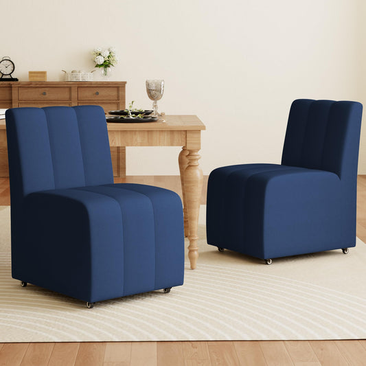 Upholstered Dining Chairs Set of 2, Modern Rolling Dining Chairs with Casters,Armless Swivel Chair,Linen Side Chair for Kitchen,Dining Room, Bedroom,Reading Room,Dressing Room,Living Room (Blue)