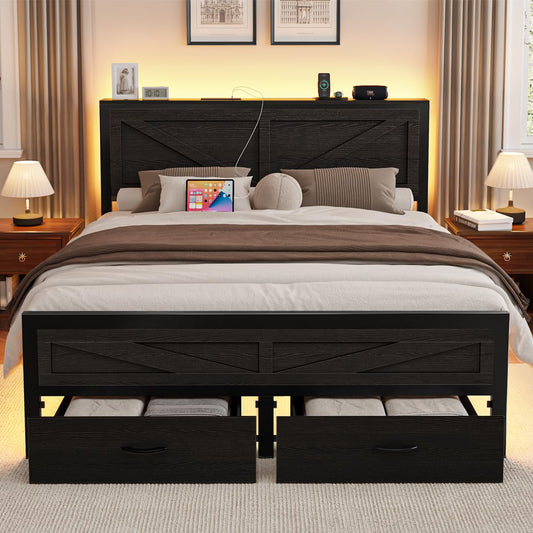 Siihnon Rustic King Size Bed Frame with Storage Drawers and Barn Door Headboard, Farmhouse LED King Bed Frame with Charging Station, Metal Industrial Platform Bed Frames, No Box Spring Needed, Black