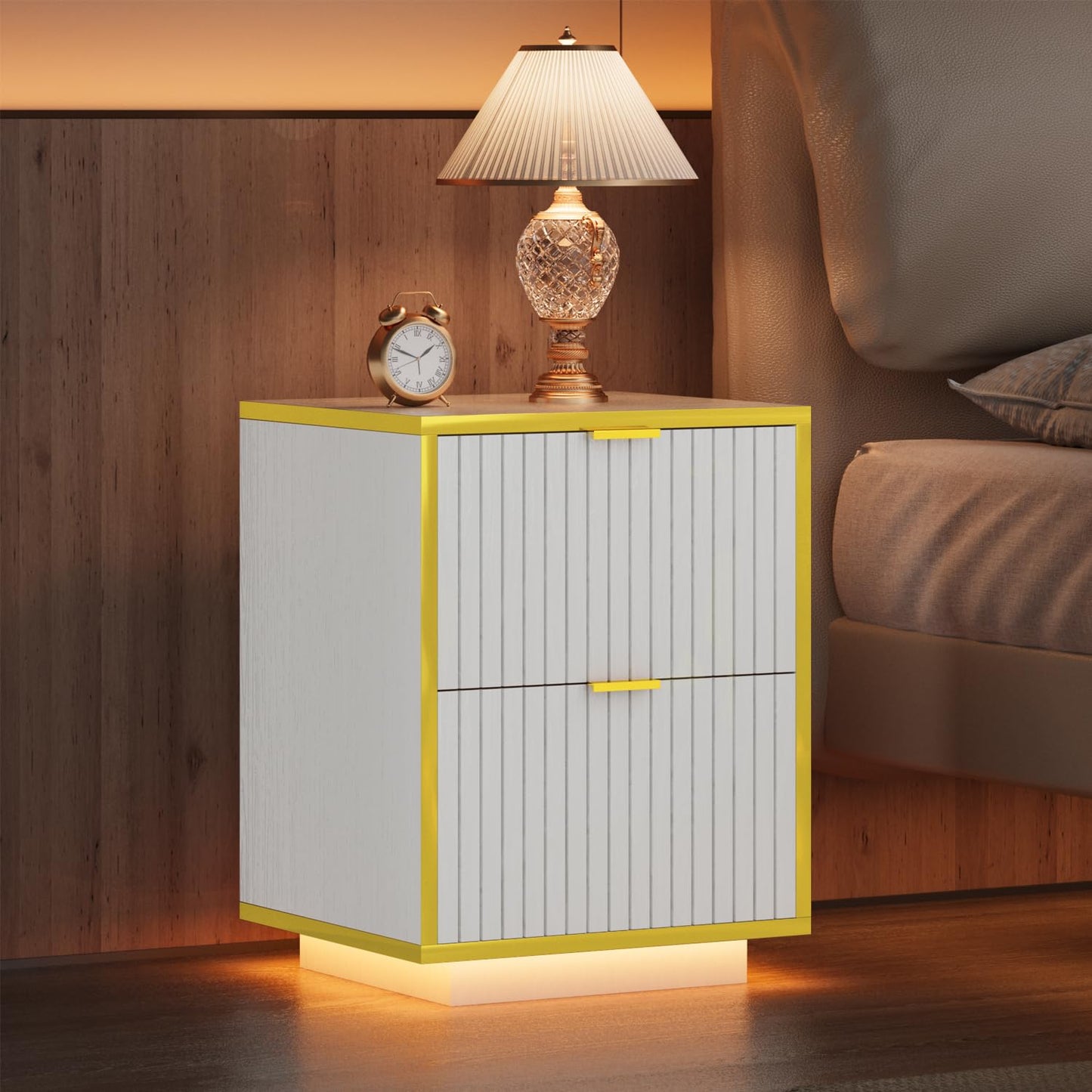 White and Gold Nightstand with 2 Fluted Drawers, 18 Inch Night Stand with Storage, White Night Stand with Golden Handles, Mid Century Modern Nightstand for Bedroom,White and Gold