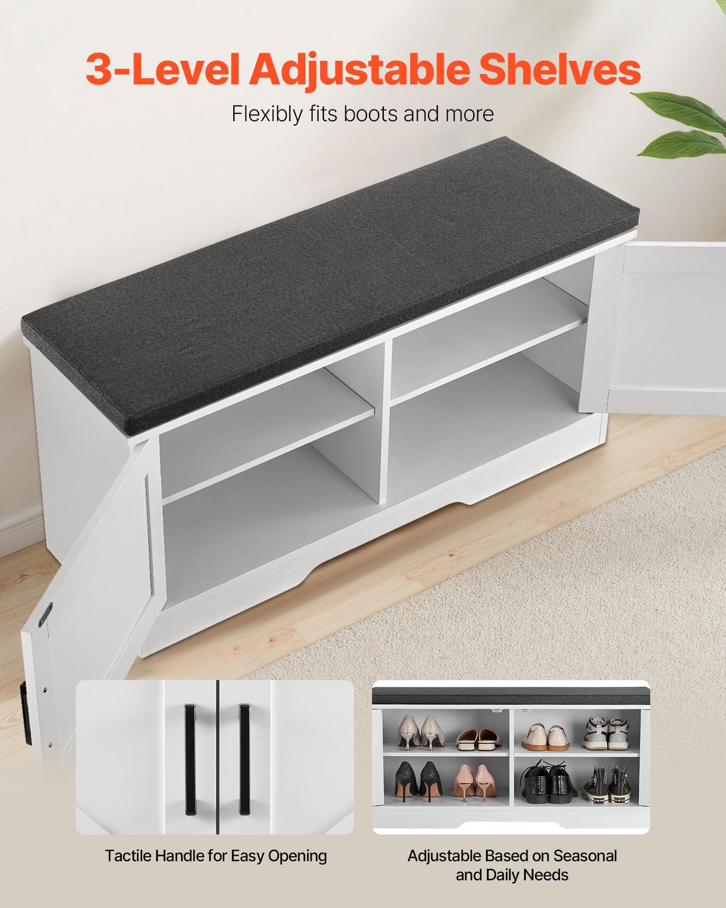 VEVOR Shoe Storage Bench with Padded Cushion & 2 Barn Doors, Entryway Bench 39.4 x 14.0 x 18.1 Inches, for Entryway, Hallway, Living Room, Bedroom