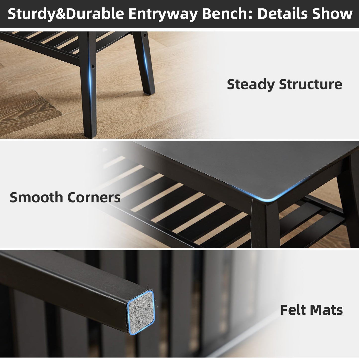 Nnewvante Bamboo Entryway Bench, 33.46" End of Bed Bench, 2 Tier Black Bench for Bedroom, Indoor Bench for Living Room, Dining Room, Hallway, Holds up to 300lbs