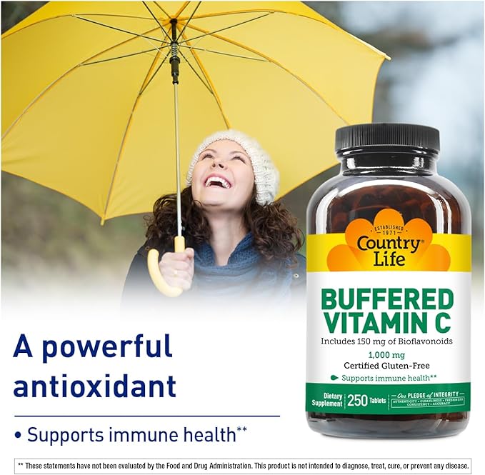 Country Life Buffered Vitamin C 1000mg with Bioflavonoids, Calcium, Magnesium, Potassium - Immune Support, Vegan Capsules, Gluten-Free, Gentle on Stomach - 250 Tablets