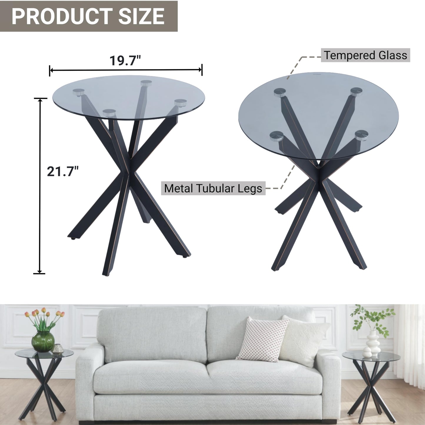 Modern Glass End Table, Small Round Side Table for Couch, Sofa Table with Grey Tempered Glass Top for Living Room, Bedroom, Bedside, 19.7" Wx21.7 H Black
