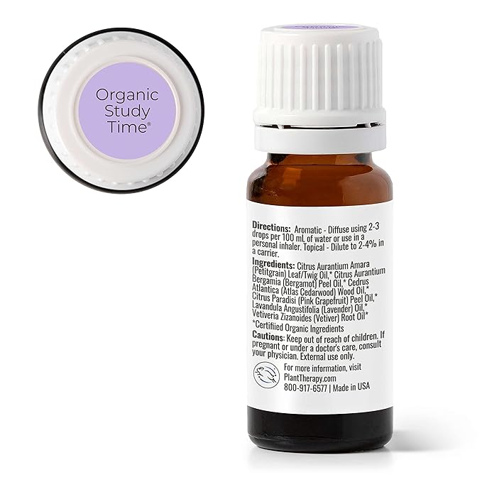 Plant Therapy KidSafe Organic Study Time Essential Oil Blend for Focus, Mind Calming, Concentration Blend for Kids 100% Pure, Undiluted, Natural Aromatherapy, Therapeutic Grade 10 mL (1/3 oz)