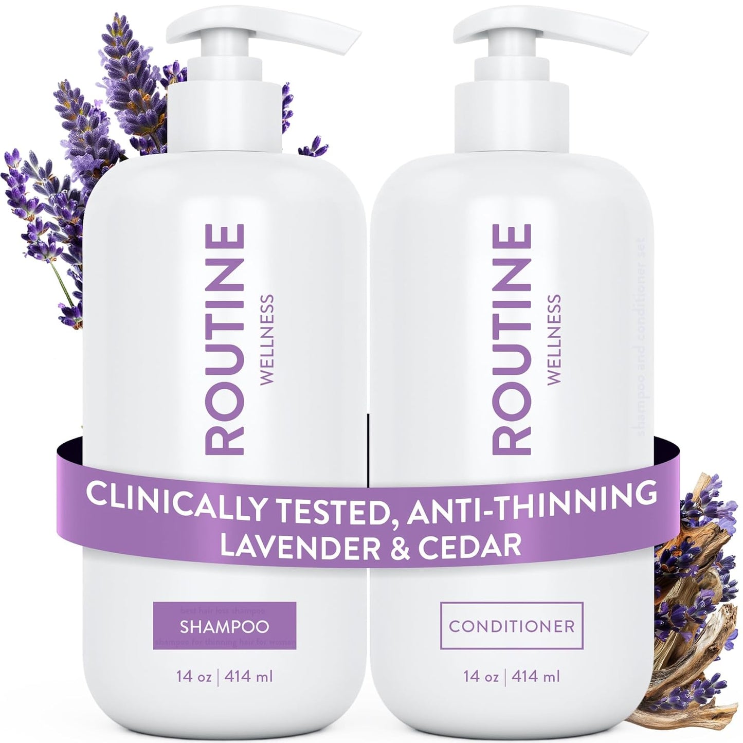 Routine Wellness Anti-Thinning Shampoo and Conditioner Set for Thinning Hair - Biotin DHT Blocker Women & Men - Color Safe Shampoo for Hair Loss & Healthier Hair - Lavender & Cedar (Pack of 2)