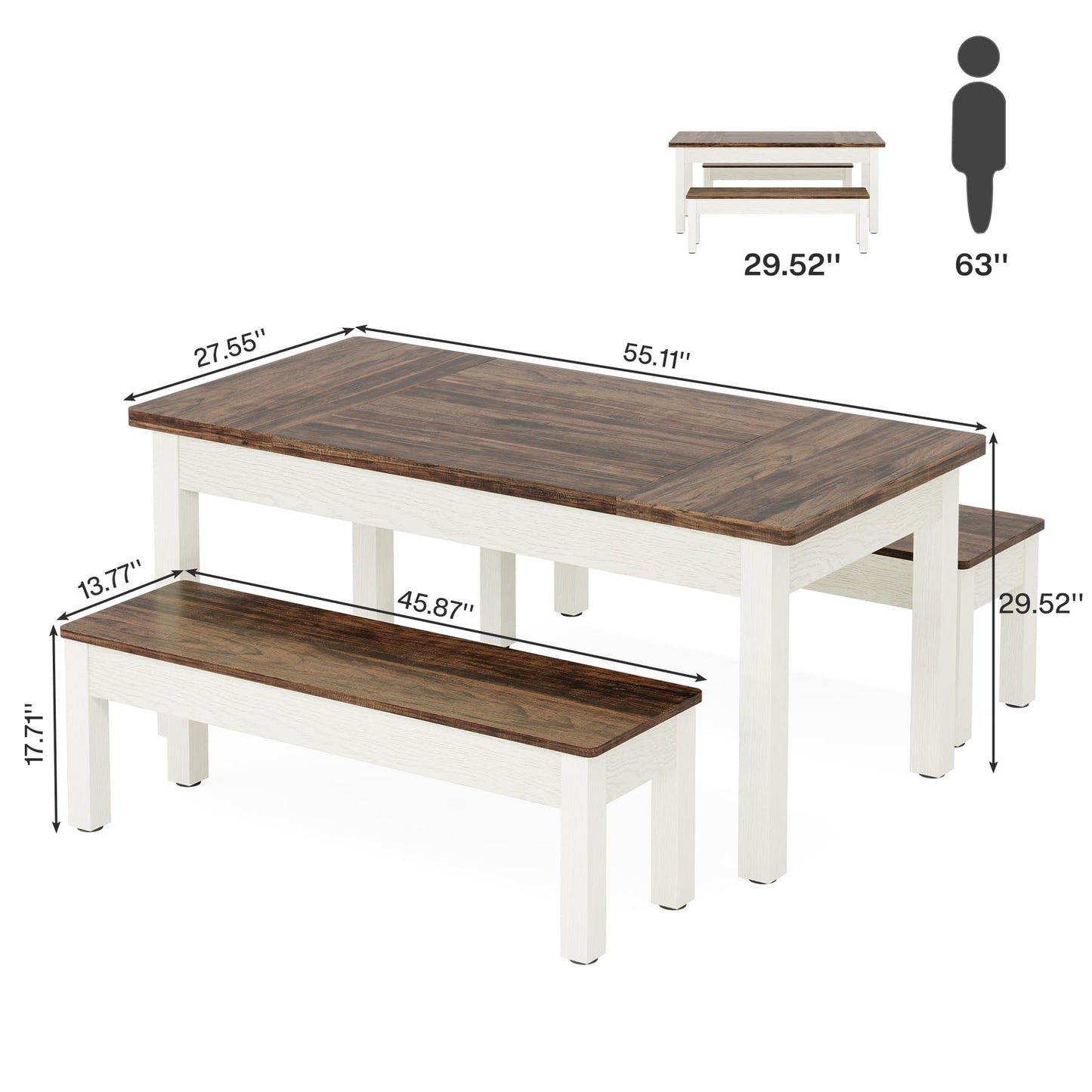 Tribesigns Farmhouse Kitchen Table Set for 4-6, 55-Inch Wooden Dining Table with 2 Benches, Space Saving 3 Pieces Heavy Duty Dinette for Dining Room, Kitchen, Small Space