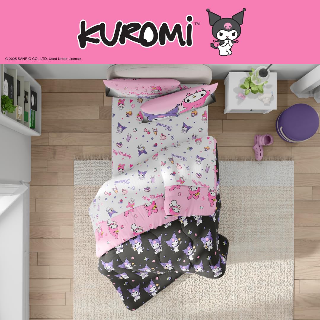 Franco Sanrio Kuromi & My Melody Bedding 5 Piece Super Soft Cozy Reversible Comforter and Sheet Set with Sham, Twin, (Officially Licensed Product)