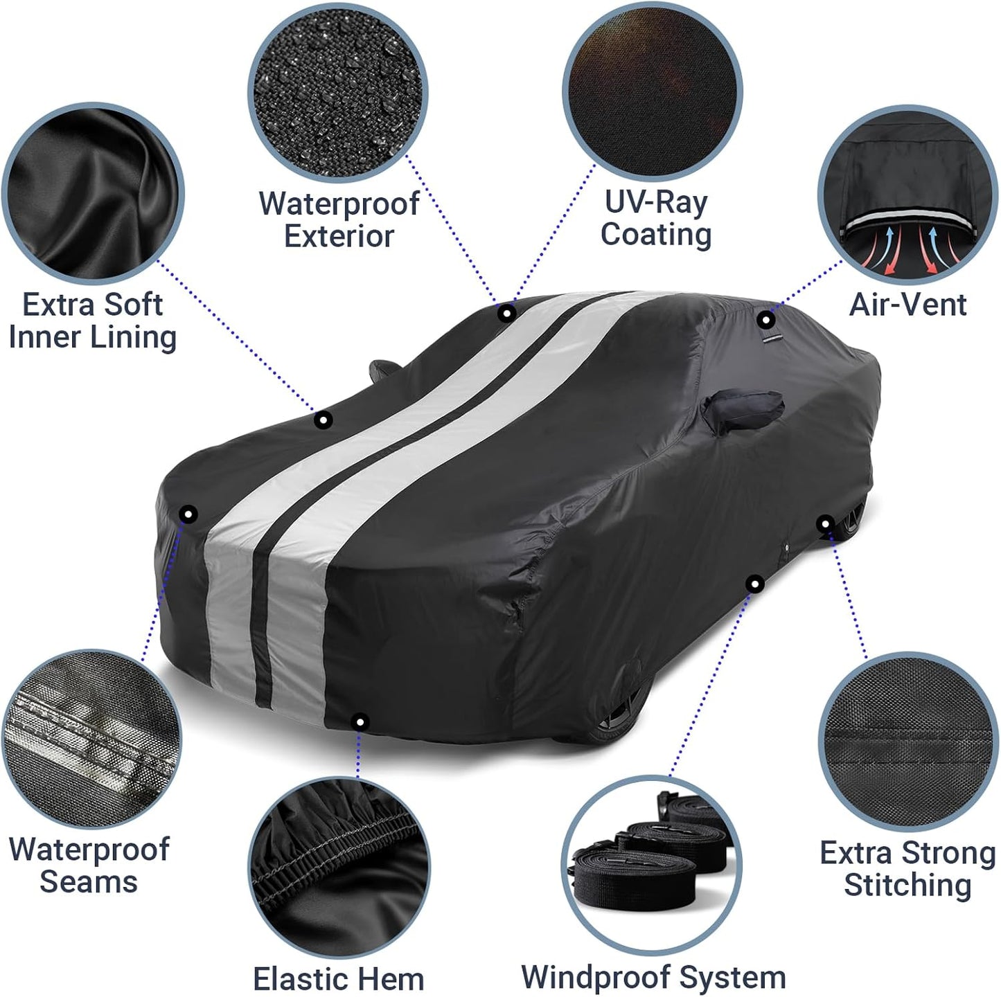iCarCover Custom Car Cover for Buick Park Avenue (1997-2005) Waterproof All-Weather Rain Snow UV Sun Protector Full Exterior Indoor Outdoor Car Cover (Stripe - Black/Gray)