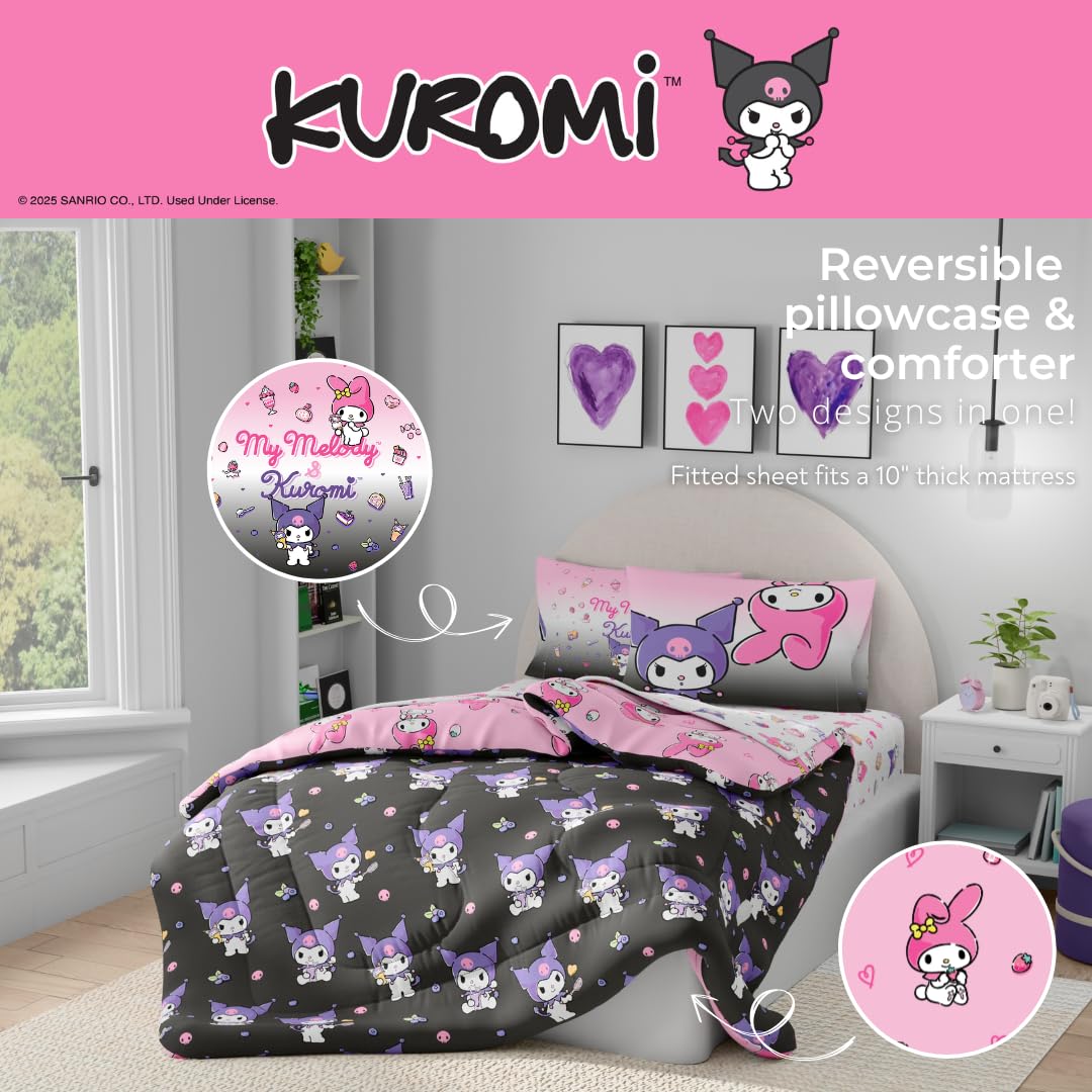 Franco Sanrio Kuromi & My Melody Bedding 5 Piece Super Soft Cozy Reversible Comforter and Sheet Set with Sham, Twin, (Officially Licensed Product)