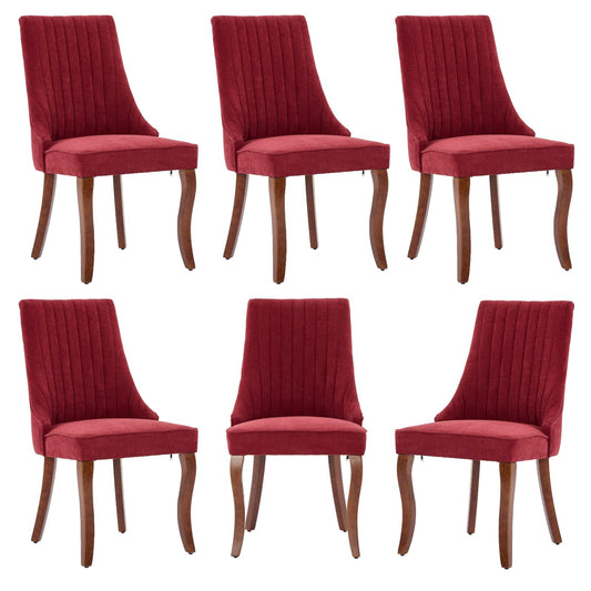 BEIDOR Dining Chairs Set of 6,Comfy Fabric Upholstered Accent Chairs for Kitchen Living Room,Channel Tufted Dining Room Chairs with Curved Solid Wood Legs(Wine Red)