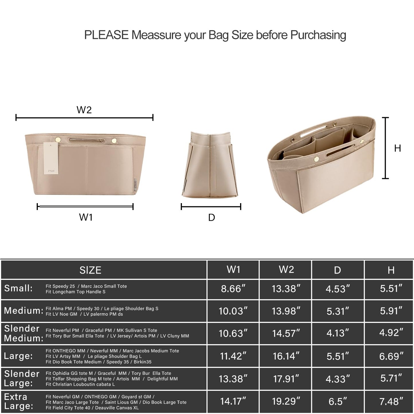 ZTUJO Purse Organizer Insert For Handbag & Tote Shaper,Tote Bag Organizer Insert For Speedy Neverful, 6 Sizes(X-Large,Silky Beige)