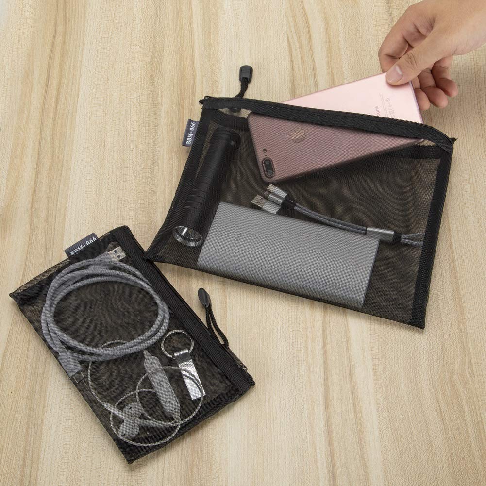 HRX Package Nylon Mesh Cosmetic Zipper Bags, 6PCS Black Makeup Pouches Travel Organizer Case for Purse Diaper Bag (A5 x 3pcs, A6 x 3pcs)