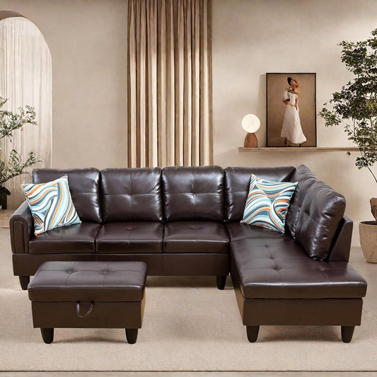 Modern L-Shaped Sectional Sofa with Chaise, High-Density Sponge Cushions, Light Gray (Leather)