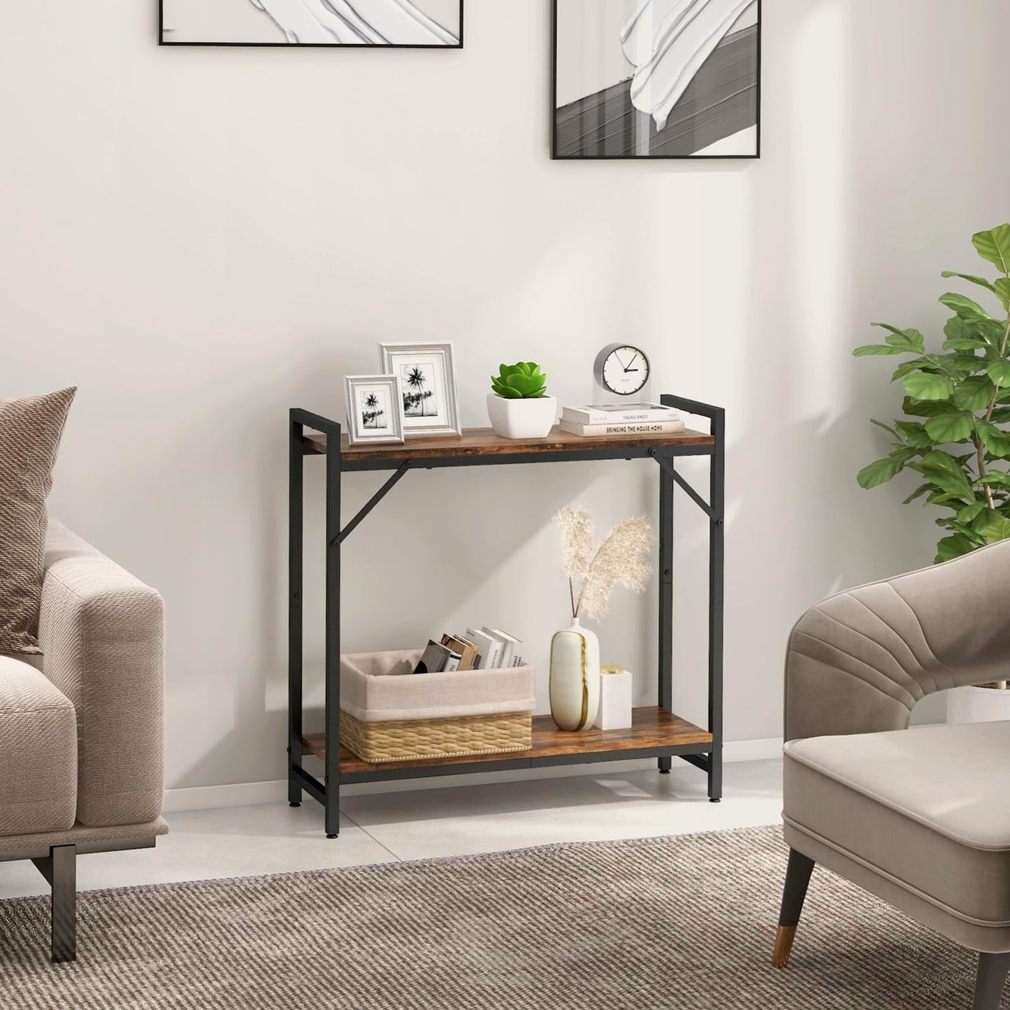 Livofloral Narrow Console Table, Small Entryway Table with 2 Support Bar, Thin Sofa Table, Small Couch Table, Display Table, Side Table for Living Room, Hallway, Bedroom, Rustic Brown